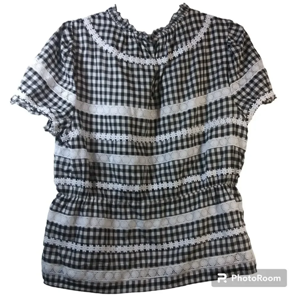 J Crew Black Gingham Daisy Chain Lace Peplum Peasant Short Sleeve Blouse Size M